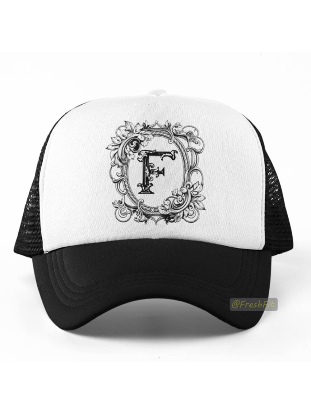 🆕Letter F Ornate Initial Foam Trucker Hat Mesh Snapback Cap Black/White